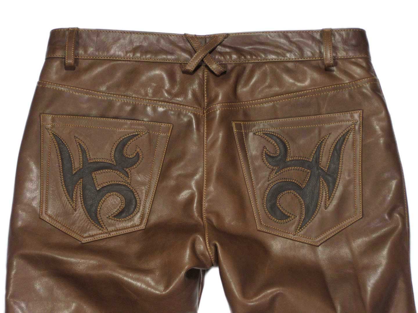 detail on Cognac Custom made Mens leather jeans