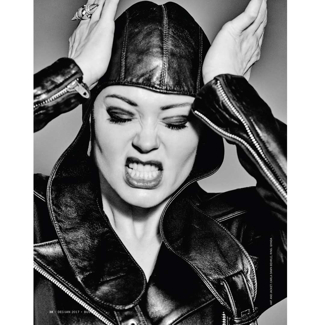 Our elongated leather aviator hood - worn by Rose McGowan